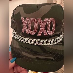 XOXO Camouflage Cap with Pink Rhinestones and Silver Chain